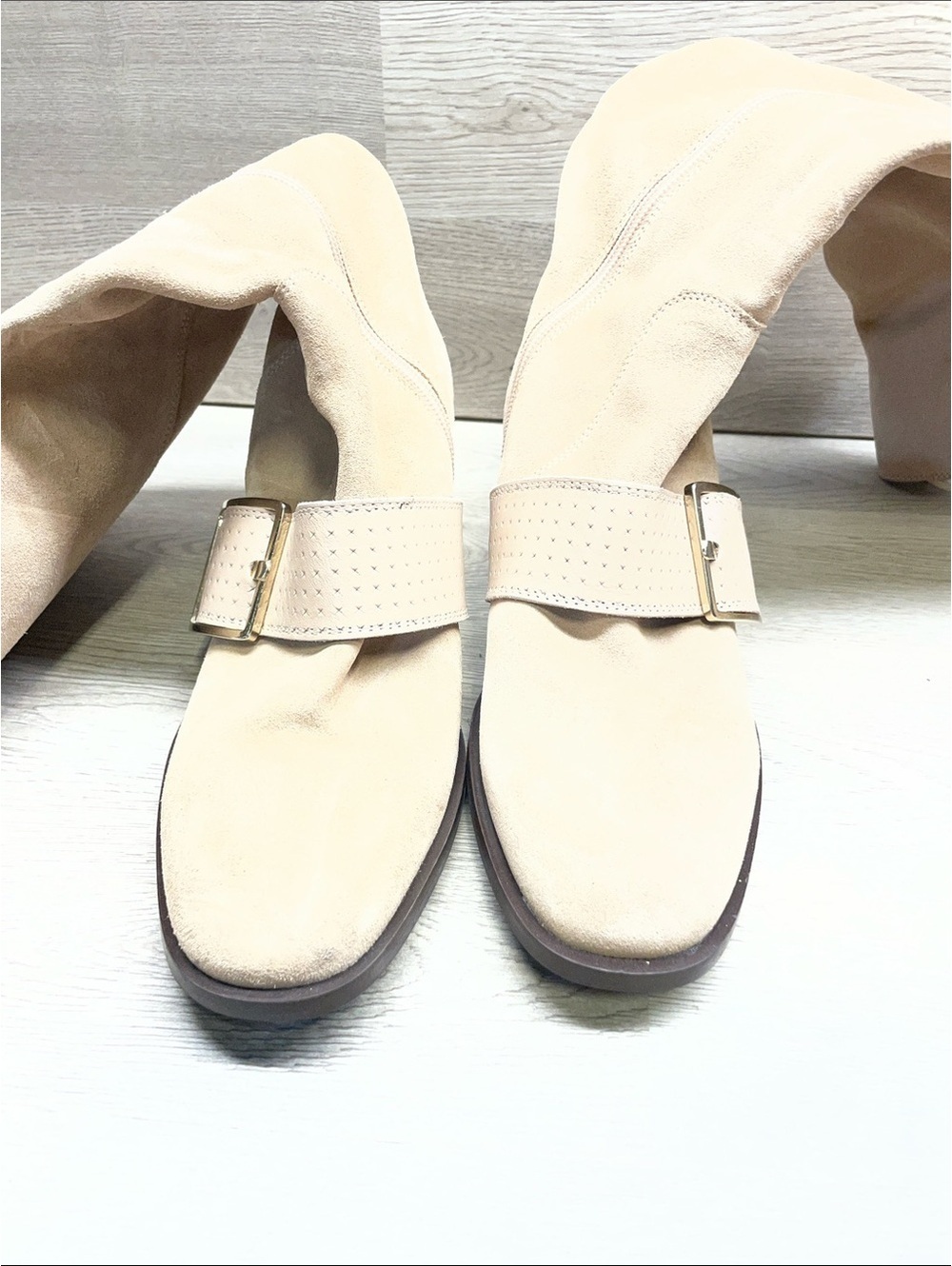 Beige Suede Buckle Mid-Heel Boots for Women #1419